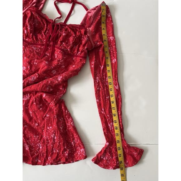 Free People Tess Mini Dress XS Red Floral Y2K Milkmaid Velvet Trim Empire Waist - Picture 7 of 11
